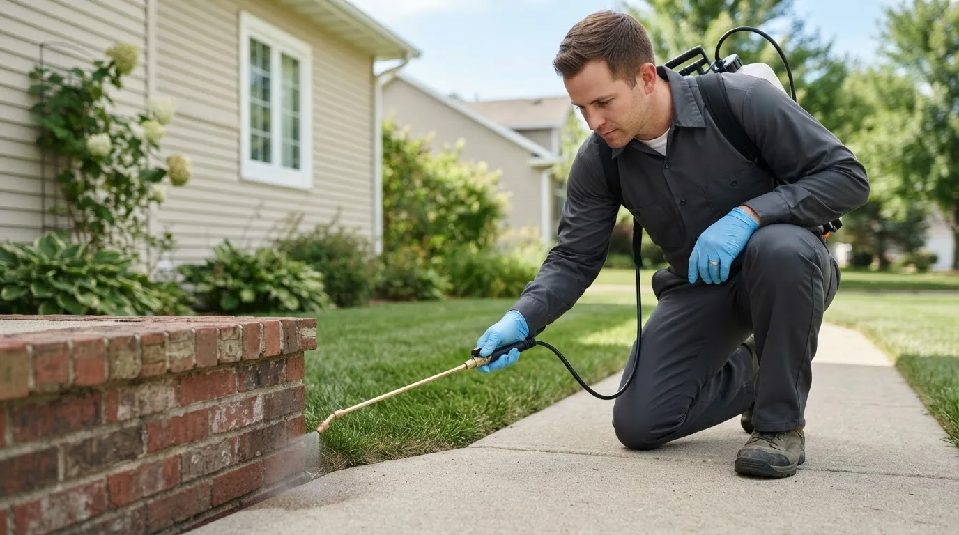Pest control technician treating a home near Tumbling Shoals, AR